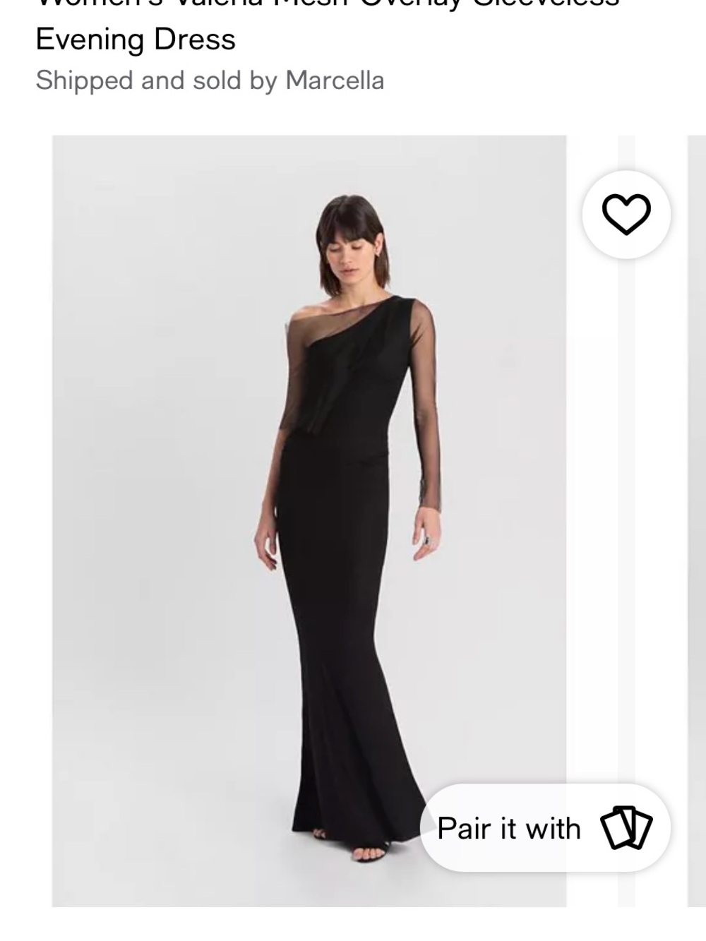 MARCELLA Black One-Shoulder Sheer-Sleeve Evening Gown NEW